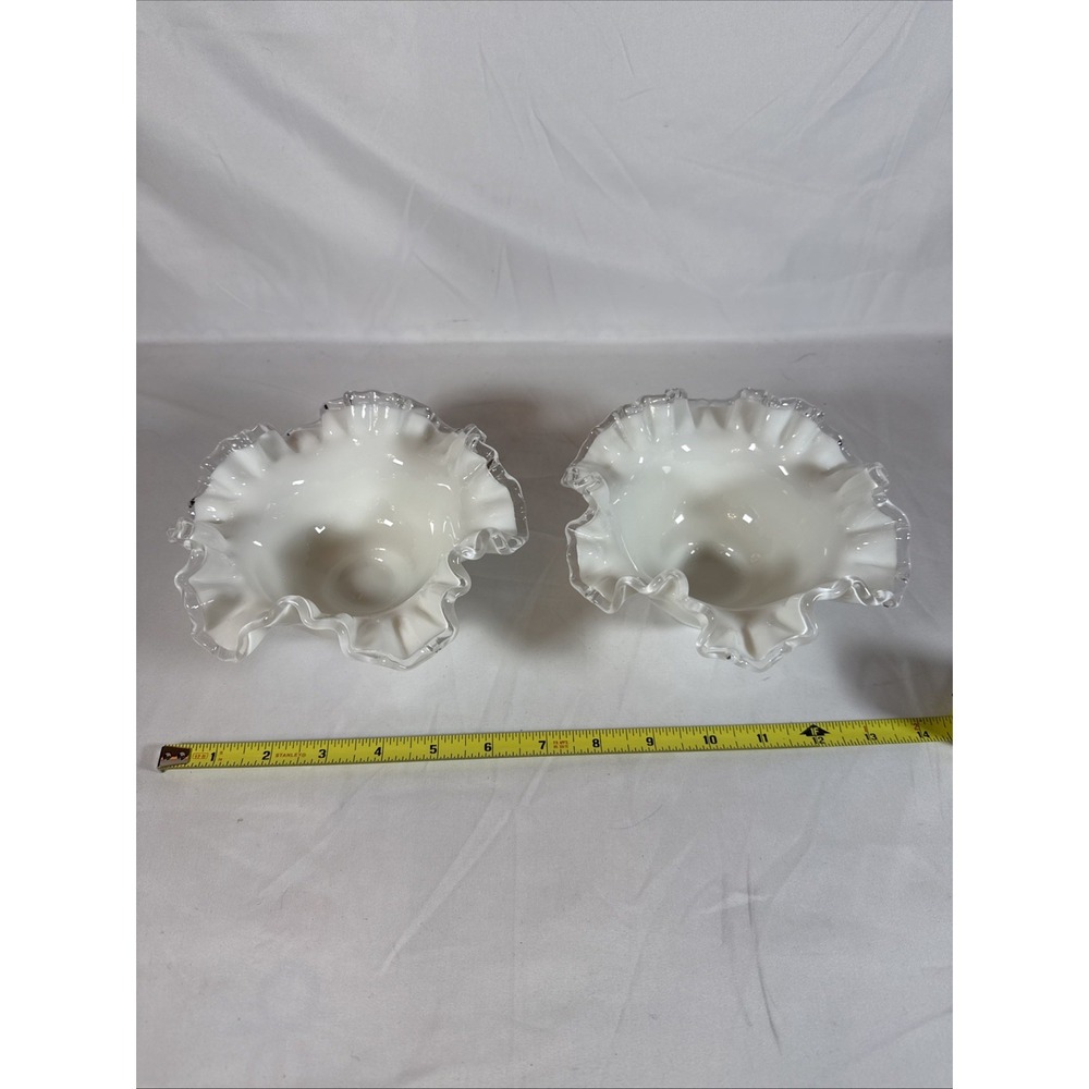 Vintage Fenton Silver Crest Candy Dish Pair 6” Ruffled White Milk Glass 1965